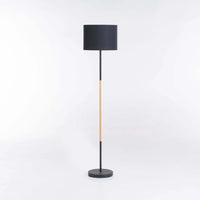 FLOOR LAMP BLACK+WOOD BLACK FABRIC SHADE 150cm H