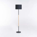 FLOOR LAMP BLACK+WOOD BLACK FABRIC SHADE 150cm H