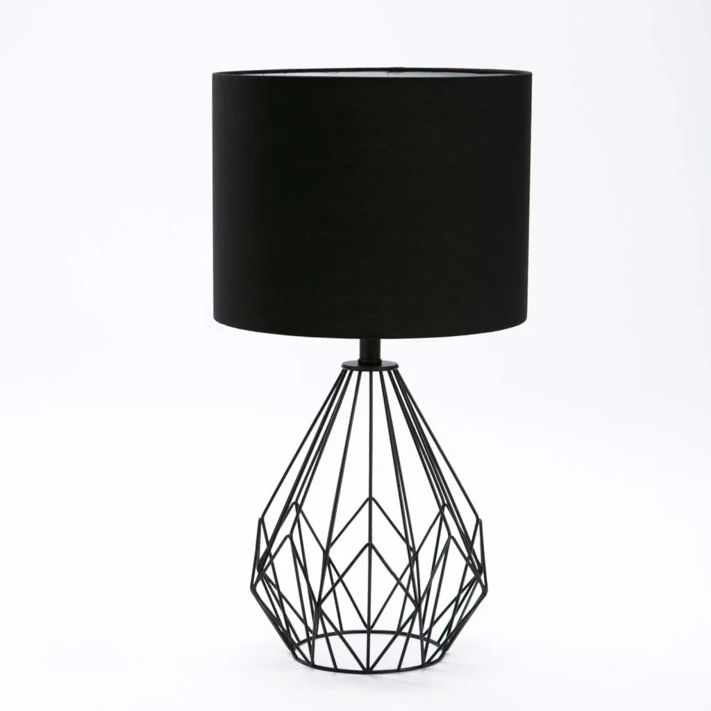 TABLE LAMP BLK METAL WIRE BASE BLACK FABRIC SHADE