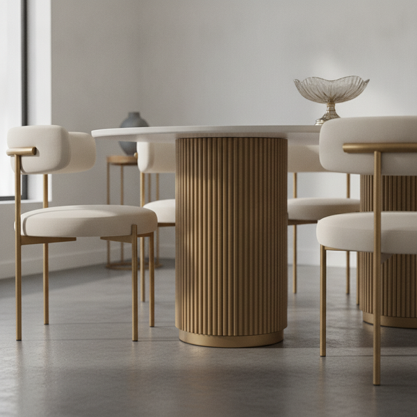 Low-angle close-up of the Nova Oval Dining Set's fluted pedestal base, showing vertical carvings and interplay of light and s