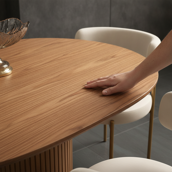 Close-up of a hand touching the smooth, hand-sanded ash wood grain of the Nova Oval Dining Set's tabletop.