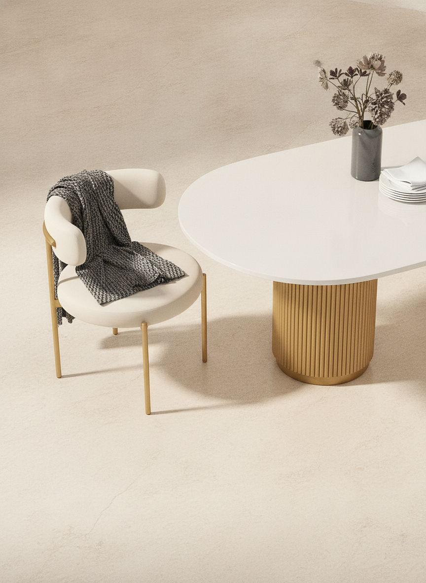 Close-up flat-lay of Nova Oval Dining Set tabletop and fluted pedestal base, with a cream upholstered chair and charcoal thro